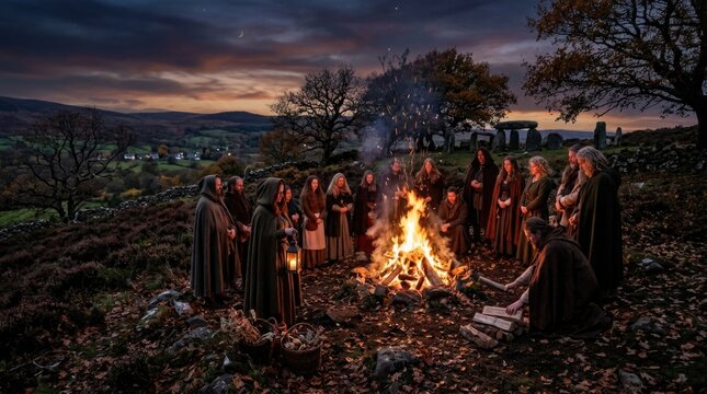 Samhain celebration showing hooded celtic druid gathering around outdoor bonfire ritual, pagan community holding lantern near ancient megalith at autumn dusk, traditional festival ceremony.