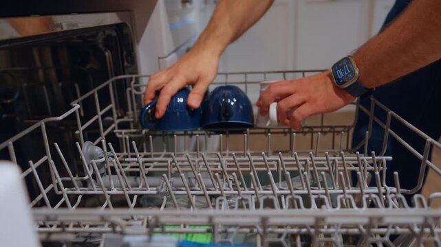 Loading a dishwasher with clean dishes in the kitchen at home in the evening