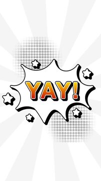 YAY text word lettering popup comic cartoon reveal with bomb and smoke explosion manga anime book page dots radial speed lines doodle white background seamless loop vertical animation retro