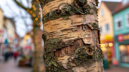 Obraz premium Close-up of textured birch tree bark with a blurred urban street scene in the background during daytime