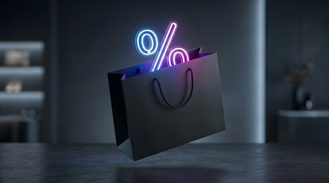 Black shopping bag with neon percentage sign 3D rendering for sales promotion