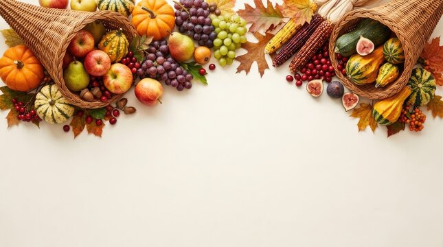 A beautiful thanksgiving cornucopia border overflowing with autumnal fruits vegetables and foliage creates a festive and welcoming seasonal presentation