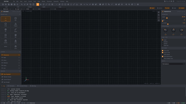 User interface design of modern 3D modeling computer program with blueprint grid workspace and copy space. Technical engineering and architectural drafting application UI concept