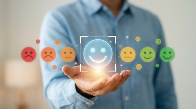 A person holding a blue happy smile face icon for mental health assessment and positive thinking.