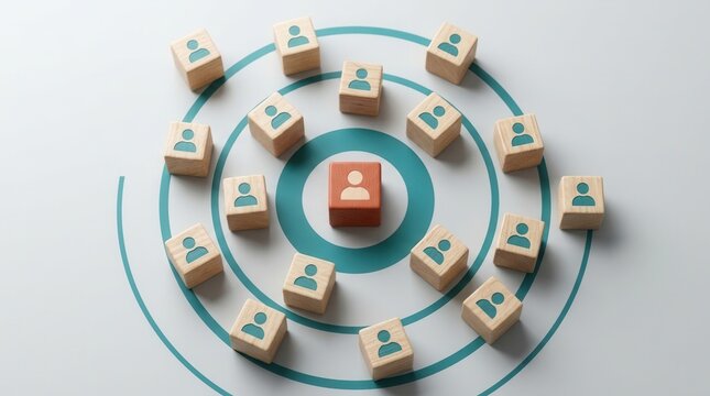 Niche marketing and customer segmentation concept using wooden blocks with people icons on a target.