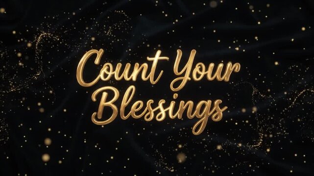 Count Your Blessings Golden Script Text with Shimmering Glitter Particles on Luxury Black Festive Background