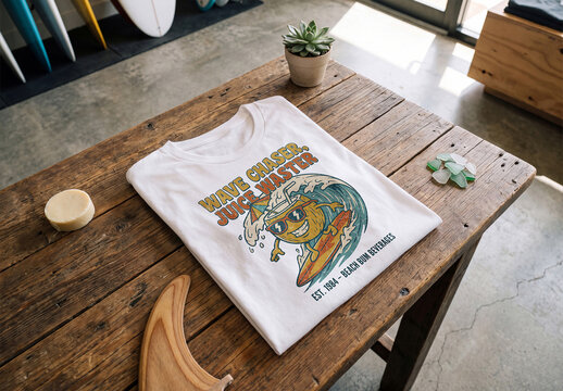 Folded T-Shirt On A Surfshop Table Mockup