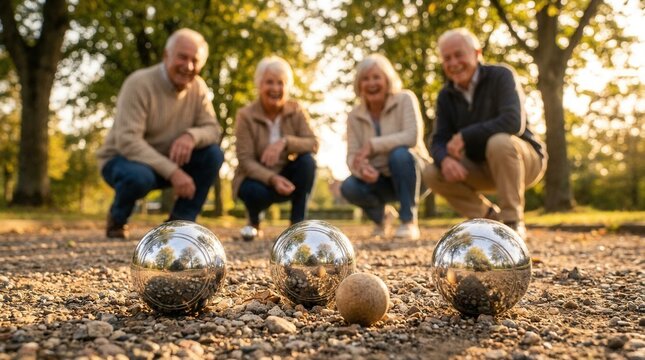 A group of seniors enjoying a game of p&eacute;tanque in a sunny park setting.