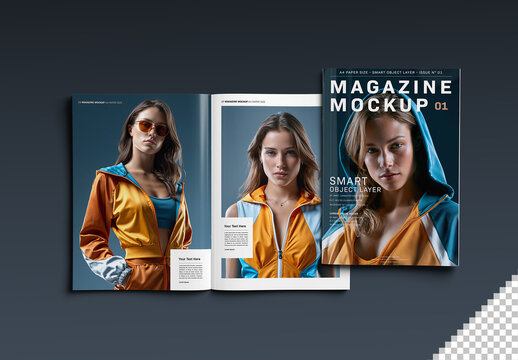 Open Magazine and Magazine Cover Mockup Isolated on Black Background