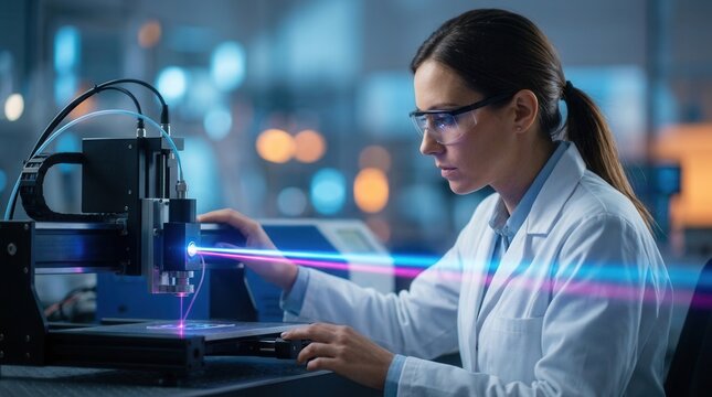 Female scientist wearing safety glasses and a white lab coat operating a laser machine in a laboratory.