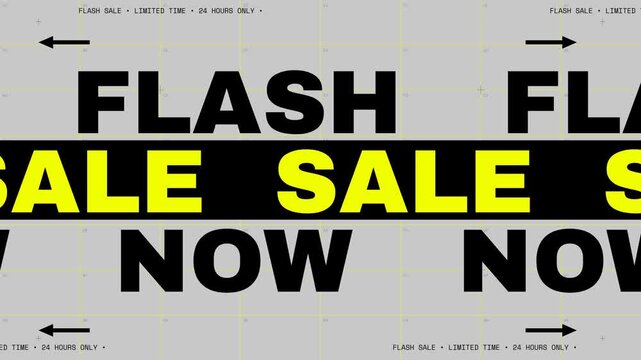 Bold Flash Sale typography animation in retro brutalist Swiss anti design style. Three oversized rows of heavy industrial type scroll horizontally in offset marquee motion on a concrete gray backgroun