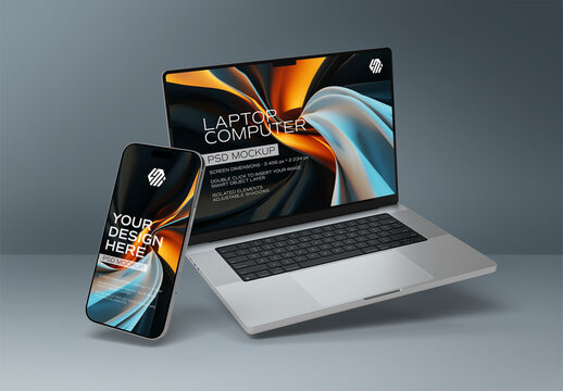 Isolated Silver Smartphone and Laptop Floating on Grey Background Mockup
