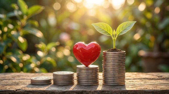 A red heart rests on a stack of coins next to a growing green plant as a metaphor for investment.