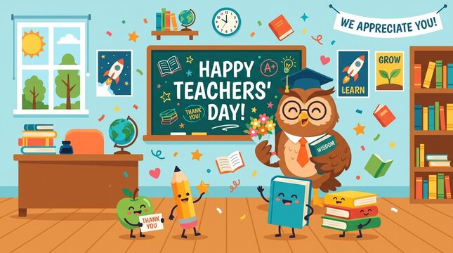 Cartoon owl character holding flowers and books in a classroom setting for a celebration teacher's day