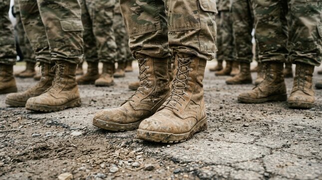 Close up of dusty military combat boots worn by soldiers standing on the ground.