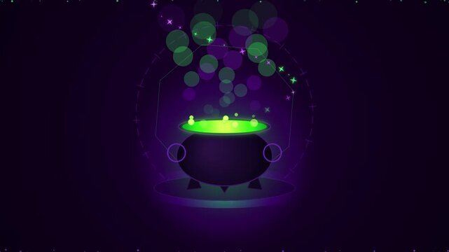Glowing witch cauldron with boiling green potion on purple background