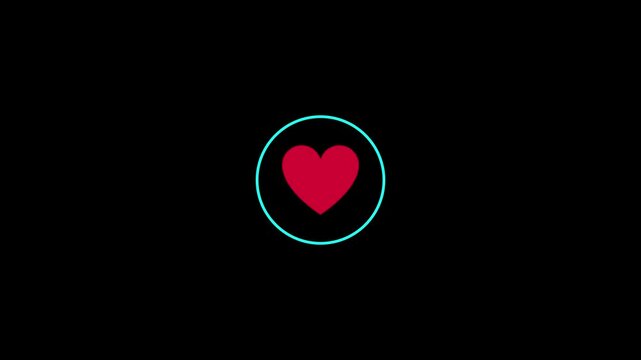 Minimal glowing pink red heart symbol enclosed by a cyan circular outline, isolated on a deep black background with clean modern styling and vibrant digital contrast