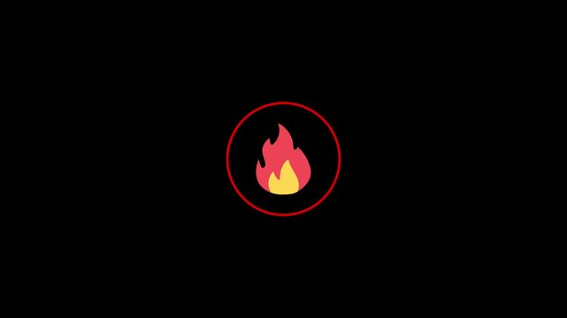 Minimal Red Flame Icon with Circular Outline on Black Background, Simple Flat Fire Symbol for Modern Interface, Warning, Energy, and Digital Design