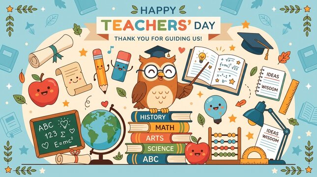 Cartoon owl character standing on a stack of books surrounded by various school supplies teacher's day