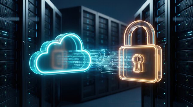 A glowing cloud storage object and secured server rack connected by floating encrypted data streams.