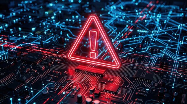 Red software error warning icon glowing on a digital circuit board during a system crisis.
