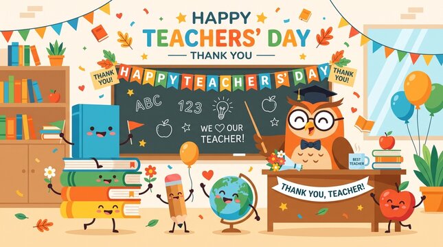 Cartoon owl and happy school supplies in a festive classroom teacher's day