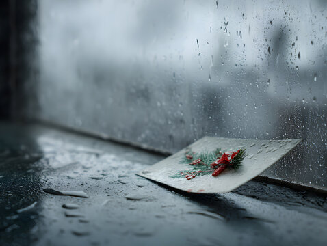 雨粒がついた窓辺に置かれたクリスマスカードと静寂な冬の情景イラスト|クリスマス 冬 白 ガラス 窓 グリーティングカード メッセージ 濡れる 静か 寒い 冬 背景 素材 クリスマスツリー