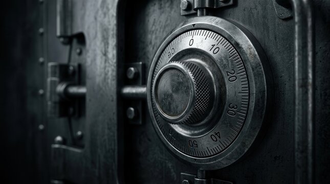 Close-up of a metallic safe combination lock dial on a heavy steel vault door.