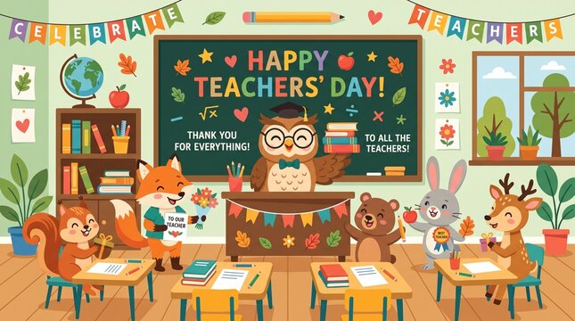 Cute animals celebrating their owl in a decorated classroom for the holidays teacher's day