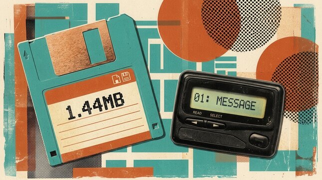 Vintage 1990s communication concept featuring a floppy disk and a digital pager.