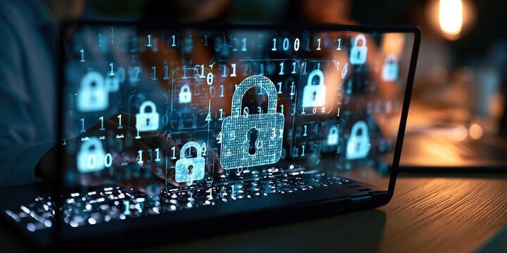 Digital padlock and binary code overlaying a laptop screen symbolizing cybersecurity and data protection