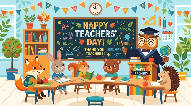 An owl instructs cute woodland animals in a colorful classroom setting teacher's day