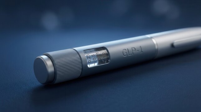Close up of a medical GLP-1 pen for diabetes and weight management treatment.