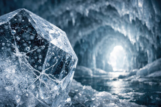 Faceted diamond-like ice crystal rests in an icy cave beside frozen water. Light glows through the crystalline cavern and sparkling droplets. Luxury, fantasy, and winter concept.