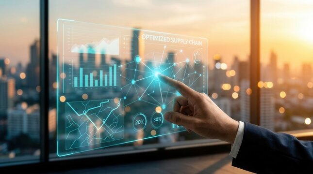 AI route optimization and analytics on an optimized supply chain e-commerce dashboard at sunset.