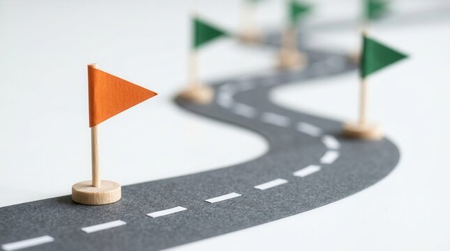 Miniature road featuring an orange flag on a wooden marker with blurred green flags in the background.