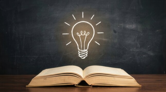 Glowing lightbulb illustration floating above an open book symbolizing a great idea.