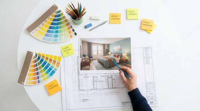 Architects and interior designers discussing a new house design project at a boardroom desk.