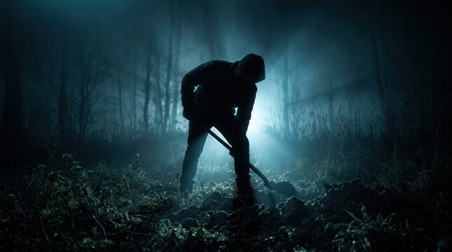 A mysterious hooded figure is digging in the dark ground at night.