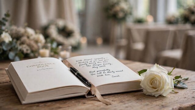 Open condolence book with a white rose at a funeral service