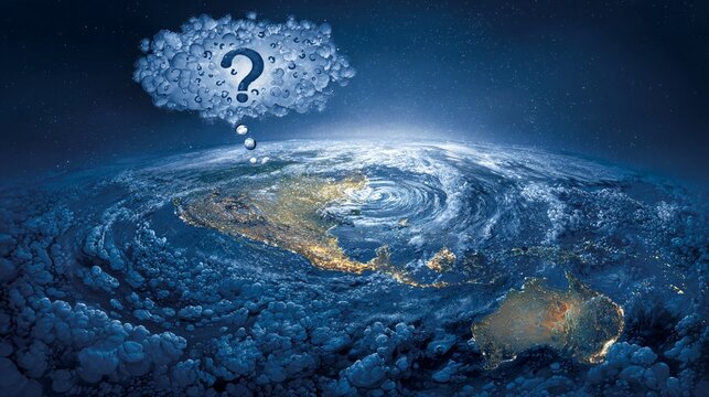 A stunning artistic depiction of Earth viewed from space, showcasing vibrant clouds and swirling atmospheric patterns with a thought bubble of a question mark symbolizing curiosity and exploration.