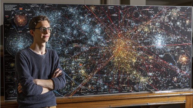 A focused investigator stands beside a detailed evidence board featuring an intricate web of bright stars, constellations, and cosmic data, evoking curiosity and the quest for knowledge in a sophistic