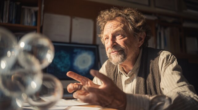 Elderly scientist engaged in deep discussion about inflation theory, surrounded by scientific materials in a well-lit office space, showcasing wisdom and curiosity with a thoughtful expression