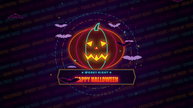 Neon halloween pumpkin grid with happy halloween text on purple