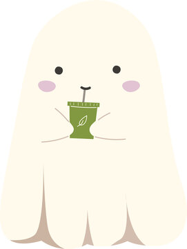 Cute cartoon ghost drinking matcha
