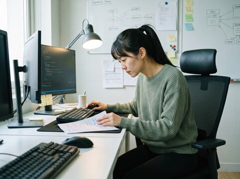 Generative AI, Asian female software developer coding at desk with dual monitors