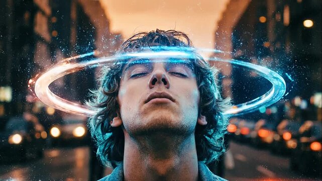Man undergoing mind control with glowing digital ring around head. Subject experiencing technological brainwashing and zombification in city. Sci-fi mental manipulation.
