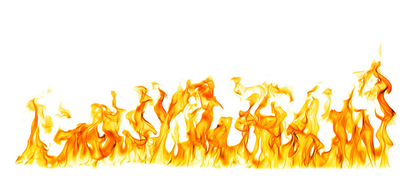 Realistic orange and yellow flames forming a horizontal fire line on a clean white background, ideal for energy, heat, burning, danger, fantasy, cinematic effects, advertising, and creative design.