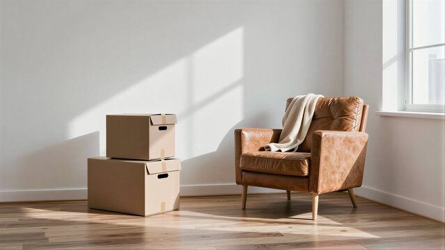 Sunlit room with leather chair and stacked cardboard boxes, suggesting a move or decluttering.