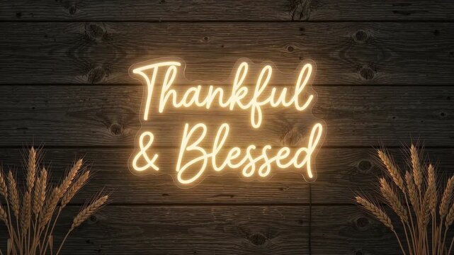Thankful and Blessed Glowing Neon Script Sign with Dried Wheat Ears on Dark Rustic Wooden Background